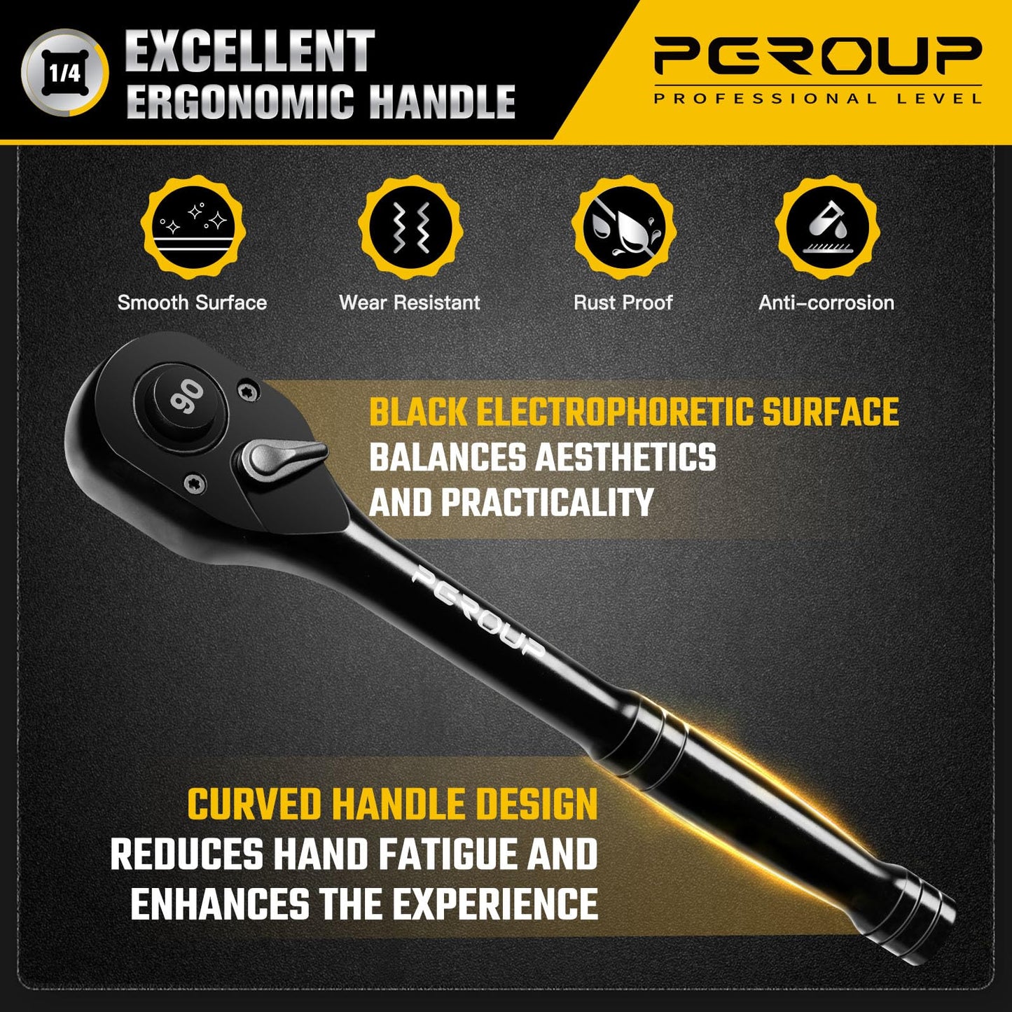 pgroup 1/4-Inch Drive Ratchet Wrench, 90 Tooth Reversible Ratchet, 4-Degree Swing, Ergonomic Handle, Chrome Alloy Made, Quick Release Ratchet Wrench for Repairing, Home, DIY