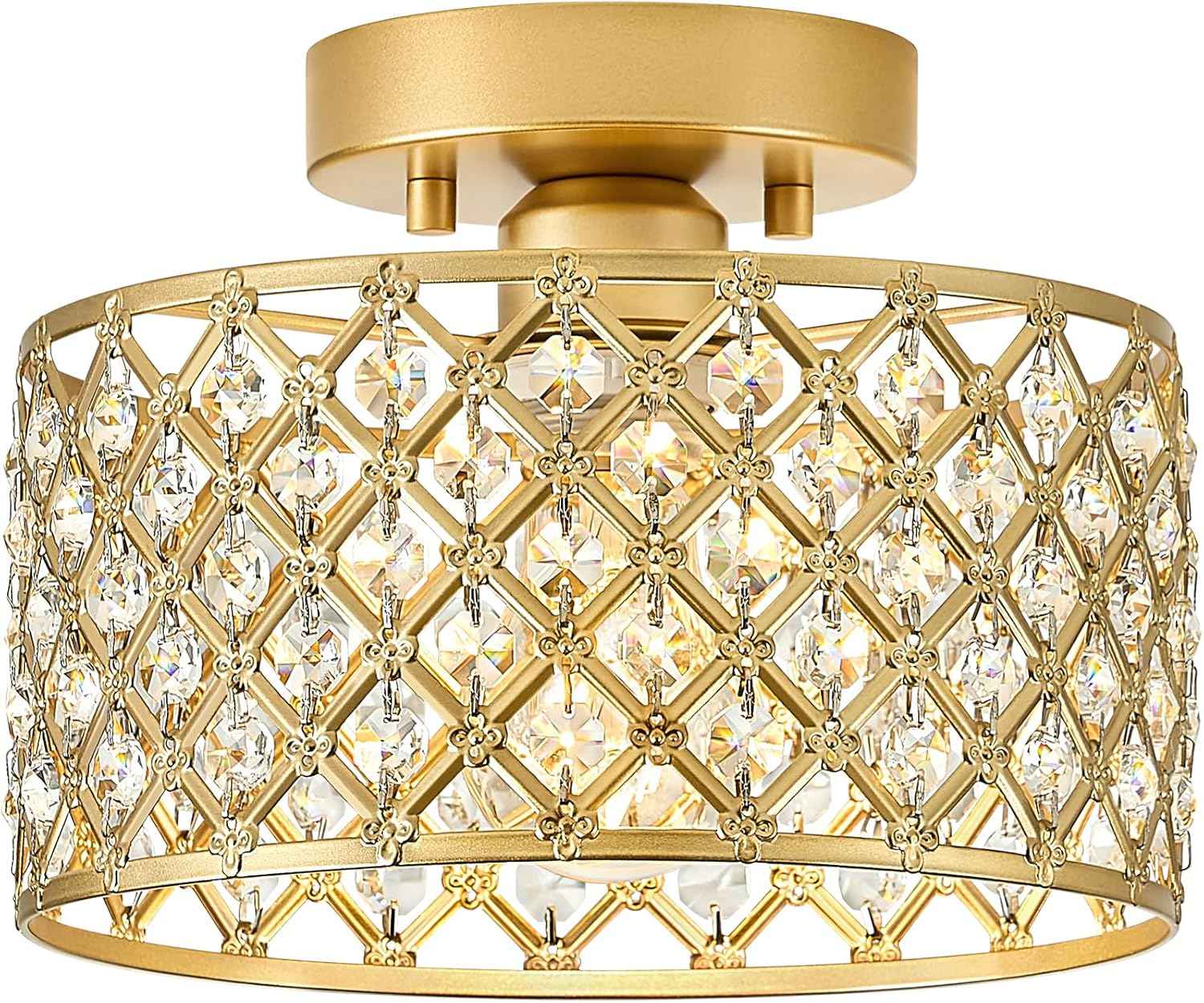 Modern Black Crystal Semi Flush Mount Ceiling Light Fixture - 11.2" Round Chandelier for Dining Room, Hallway, Kitchen & Bedroom