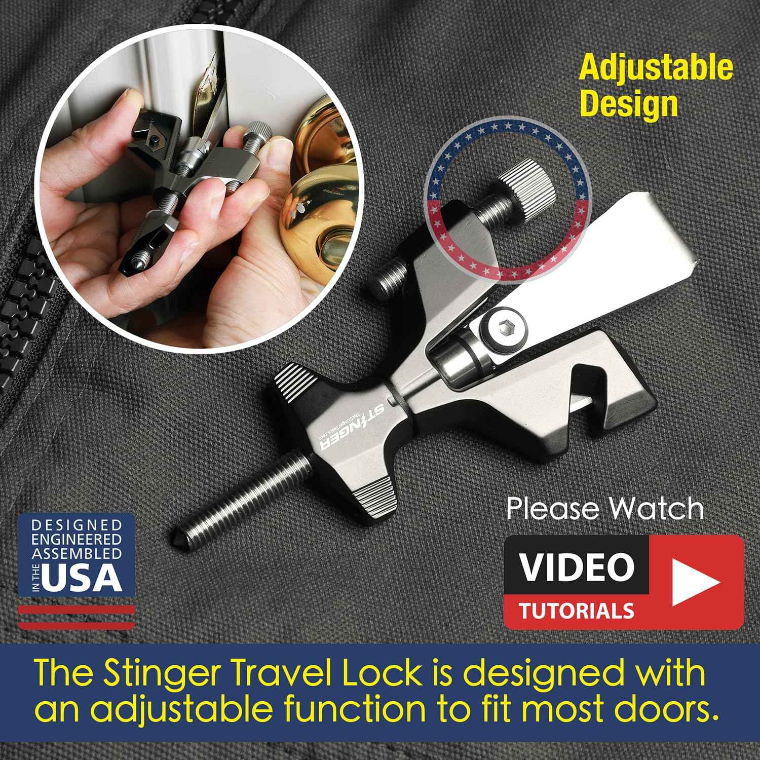 Stinger Portable Door Lock for Travel, Travel Door Lock with Seat Belt Cutter and Glass Breaker | Home and Hotel Room Security Device