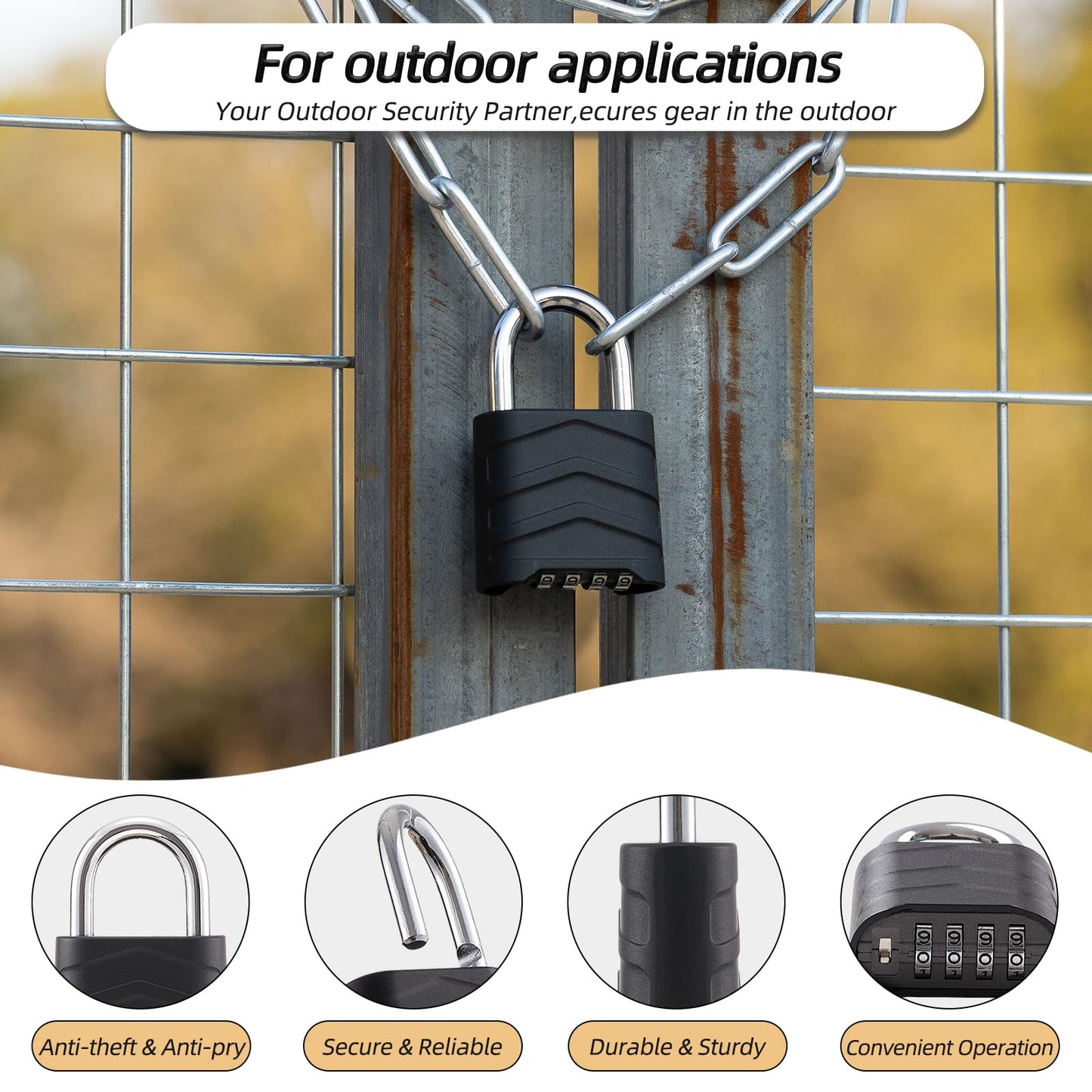 PYreek Combination Padlock Heavy Duty Locker Lock 4 Digit Padlock Gym Locker Locks for Fence Gate Storage Unit (Black, HD_10_3.5)