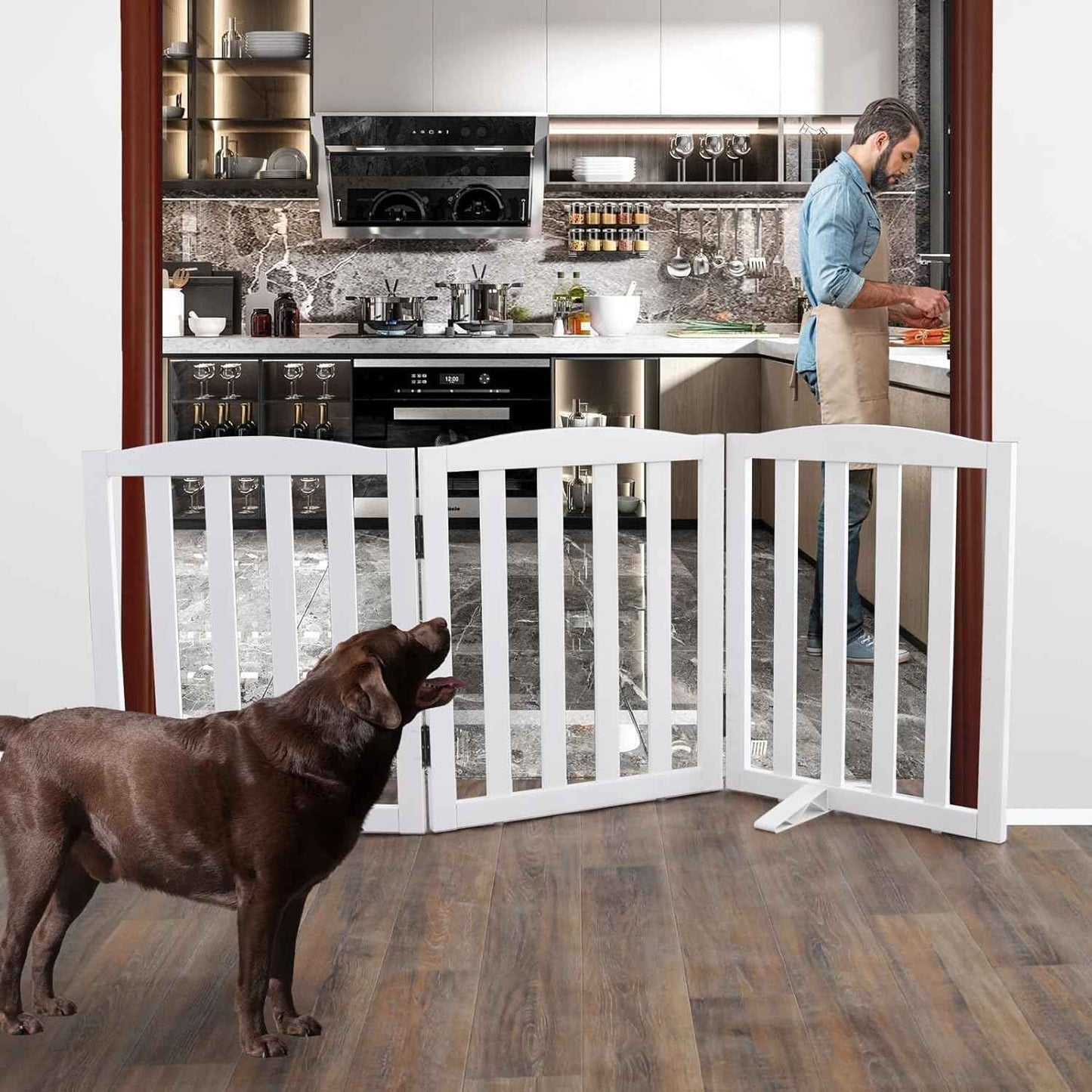 Foldable Indoor Dog Gate - 3-Panel Freestanding Pet Fence for Stairs & Hallways, 24" Height, White Wood