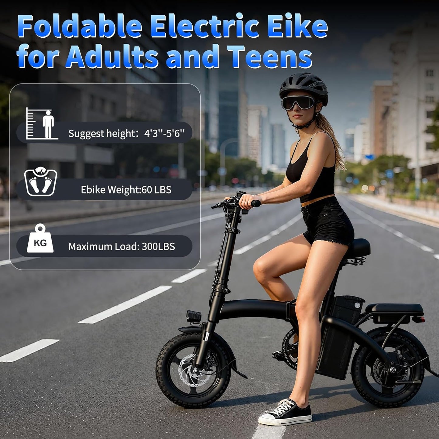 Peak Folding Electric Bike - 1200W/1000W, 25 MPH, 48V 10Ah, 45 Miles Range, 14" Tire Full Suspension