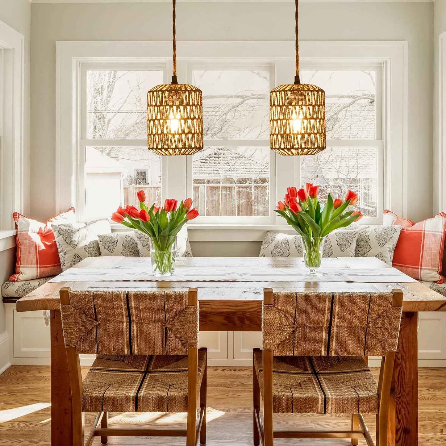 Boho Rattan Pendant Light with 3 Bulbs & 22ft Cord - Woven Hanging Chandelier for Bedroom, Kitchen, Hallway