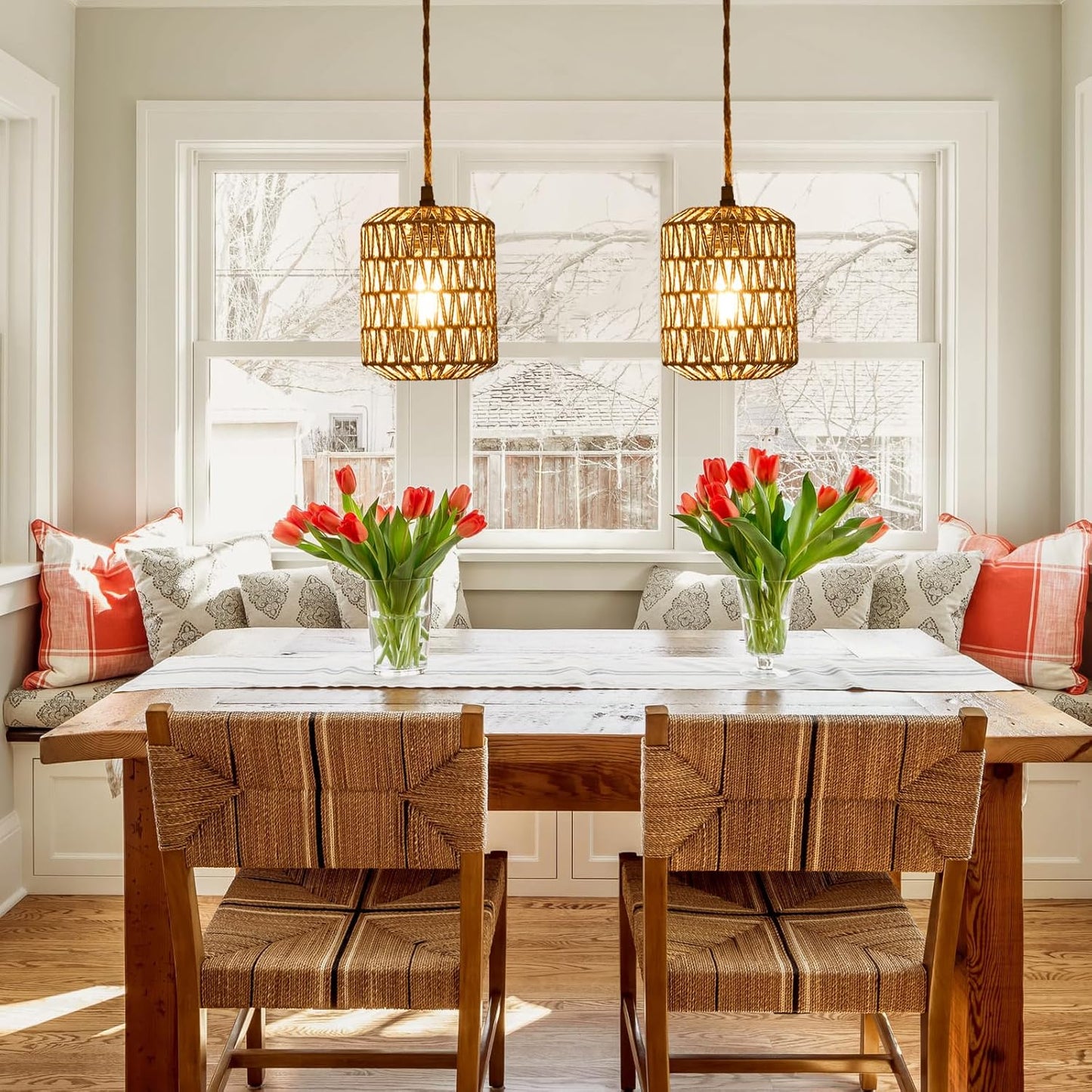Boho Rattan Pendant Light with 3 Bulbs & 22ft Cord - Woven Hanging Chandelier for Bedroom, Kitchen, Hallway