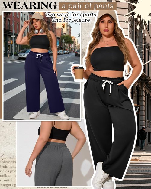 August Alley 3 Pack Women's Plus Size Wide Leg Yoga Pants, Baggy High Waist Lounge Pants, Drawstring Sweatpants with Pockets(Black, Mixed Gray, Navy Blue,3X-Large)