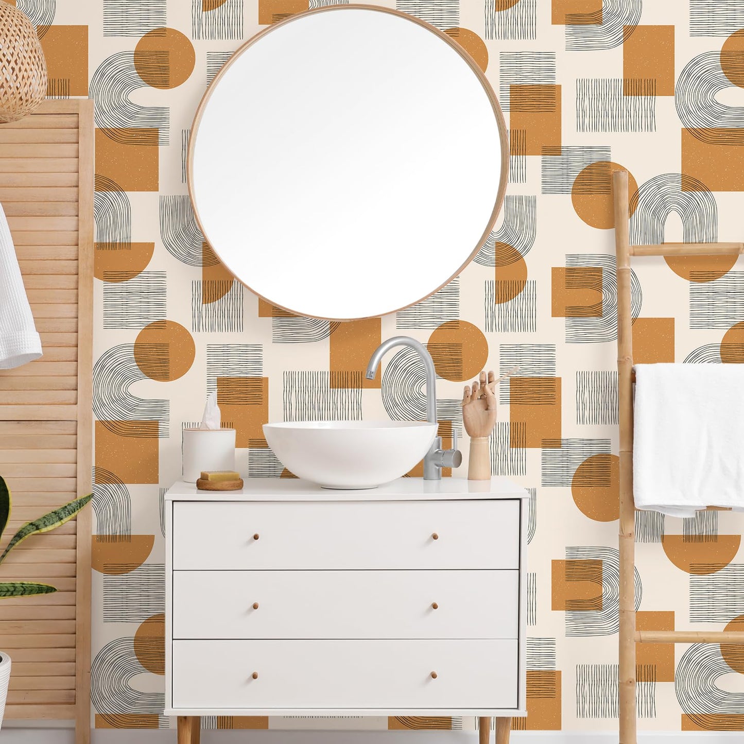 VEELIKE Boho Geometric Wallpaper Peel and Stick Mid Century Modern Wallpaper for Bedroom Bathroom Removable 17.7''x118'' Abstract Peel and Stick Wallpaper Geometric Contact Paper for Walls Shelves