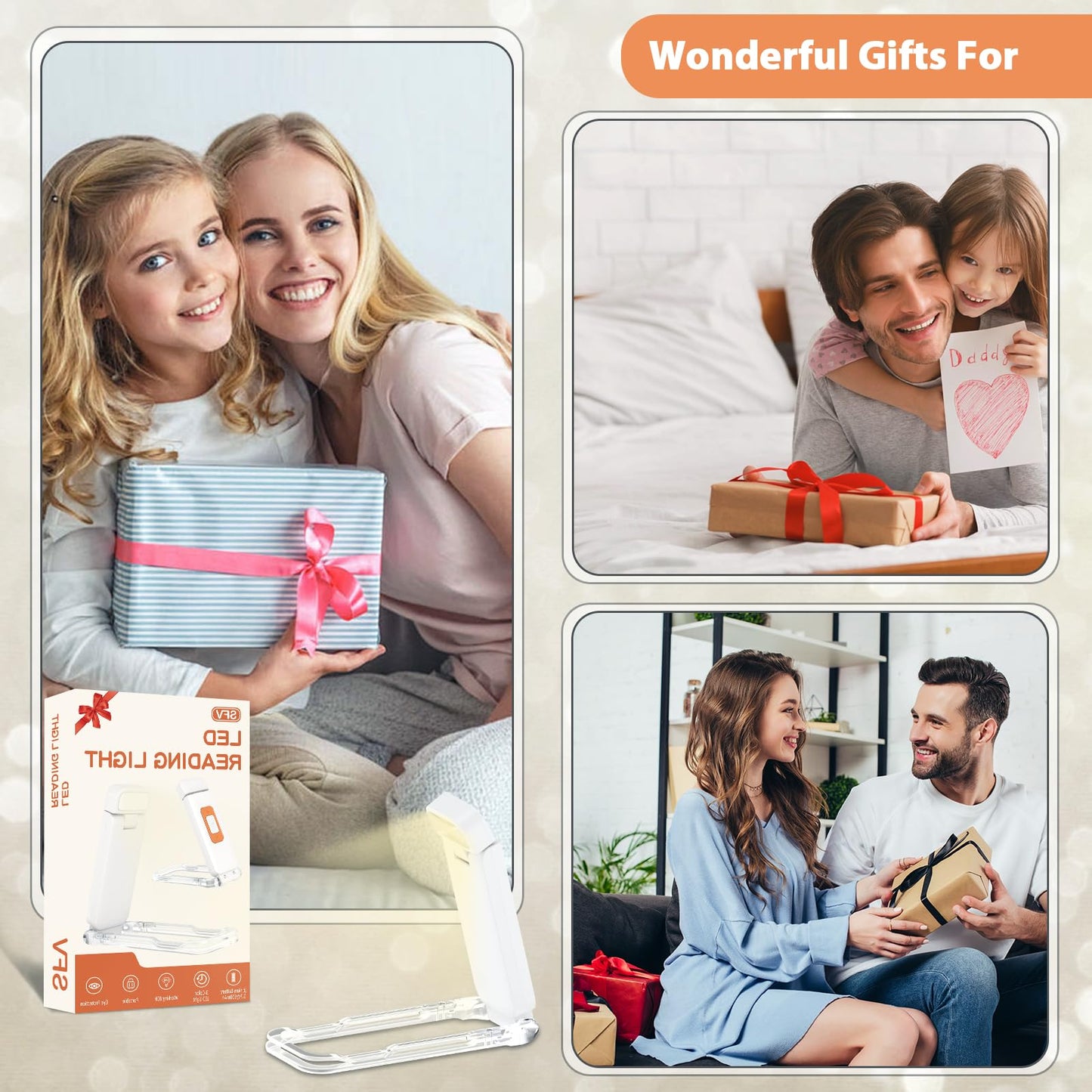 SFV Portable Book Light, Clip-On Rechargeable LED Reading Light for Books in Bed, 3 Amber Colors & 5 Brightness Adjustable, Compact & Long Lasting, Perfect for Book Lovers, Kids, White