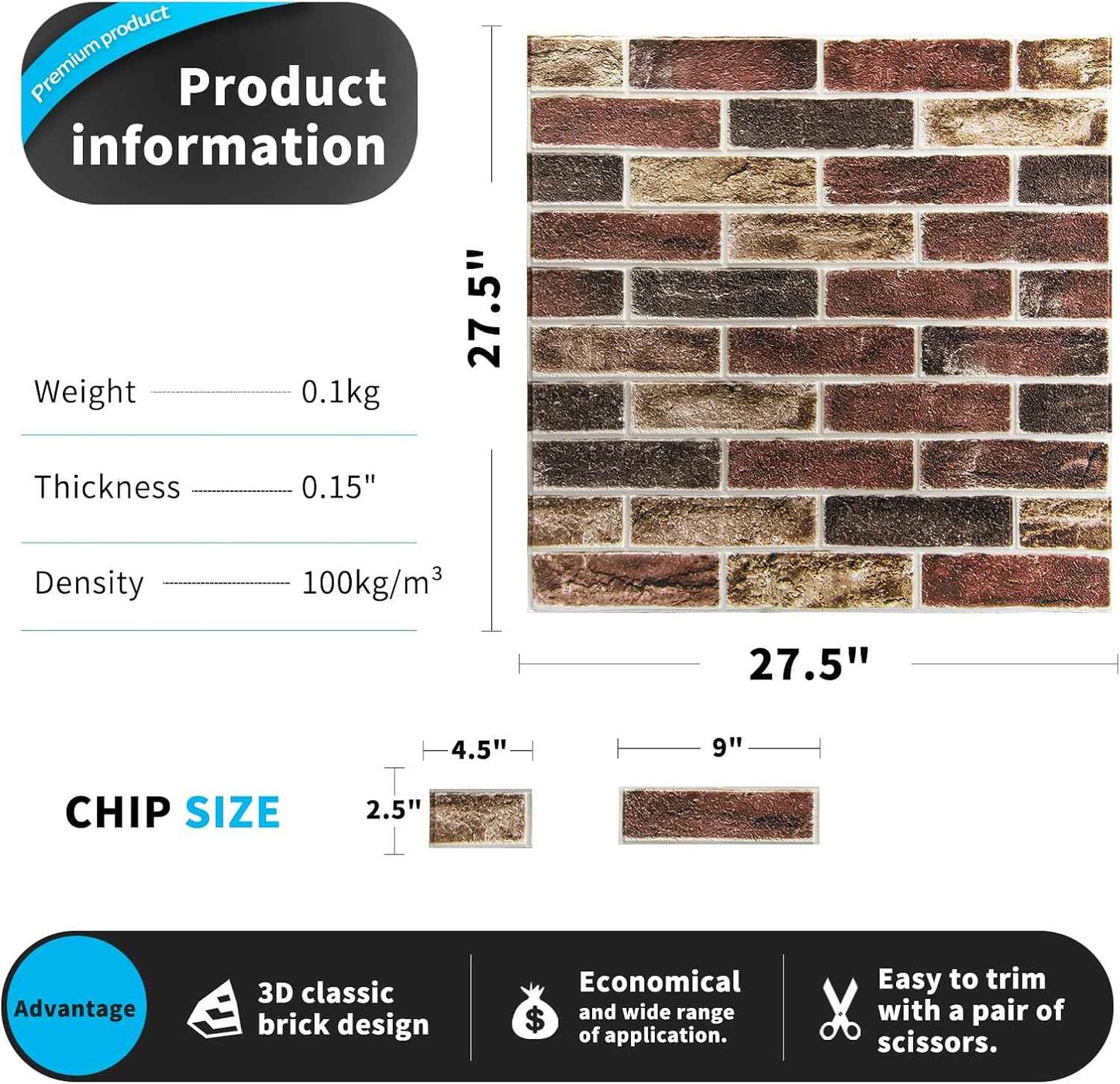 Faux Brick 3D Wall Panels - 10-Pack Peel and Stick Waterproof Foam Wallpaper in Red Brown for Bedroom, Bathroom, Kitchen