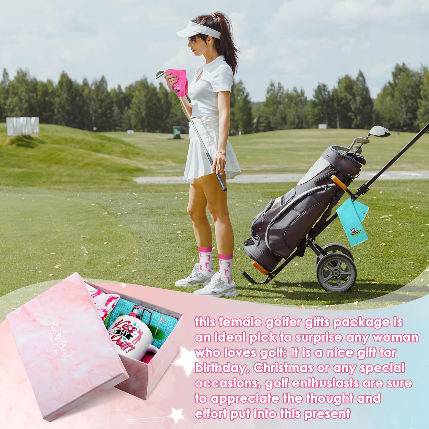 Geyoga 7 Pcs Pink Golf Accessories Gift for Women Mom Golfer Cute Funny Golf Accessories Embroidered Towels Makeup Bag Mug Socks Ankle Tab Socks with Box for Birthday Golfball Fan Coworker
