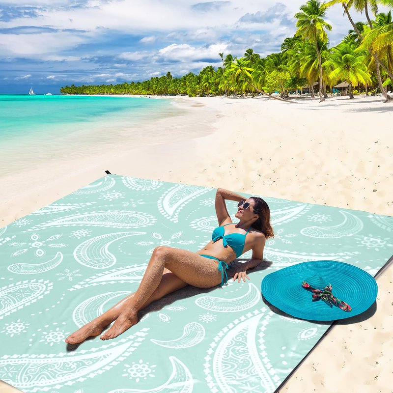 WIWIGO Beach Blanket Sandproof Extra Large Beach Mat Adults Waterproof Quick Drying Sand Free Mat with 4 Stakes & 4 Corner Pockets for Outdoor Travel Camping Hiking White 79" X 83"