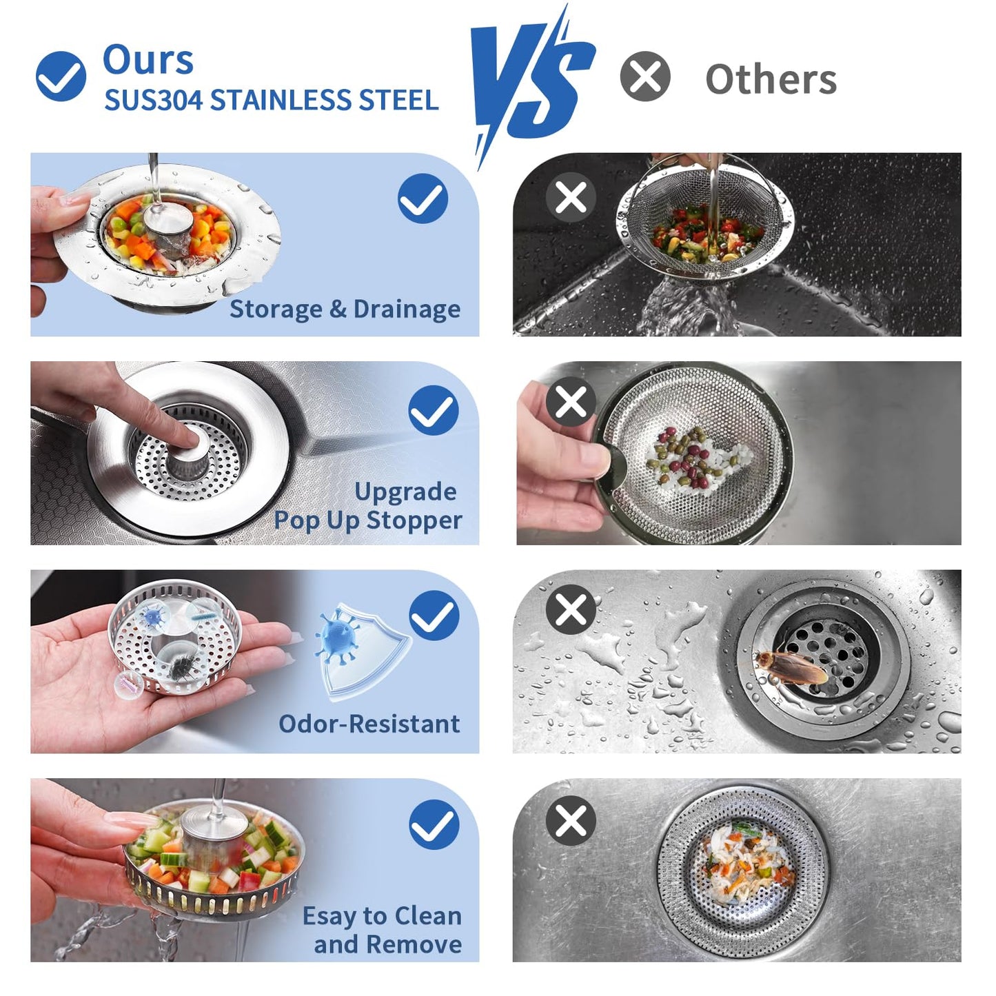 3-in-1 Kitchen Sink Drain Strainer - Pop Up Sink Stopper, Stainless Steel Sink Drain Strainer, Kitchen Sink Stopper & Drain Plug with Anti-Clogging Basket,Sink Strainer Fits US Standard 3-1/2'' Drains