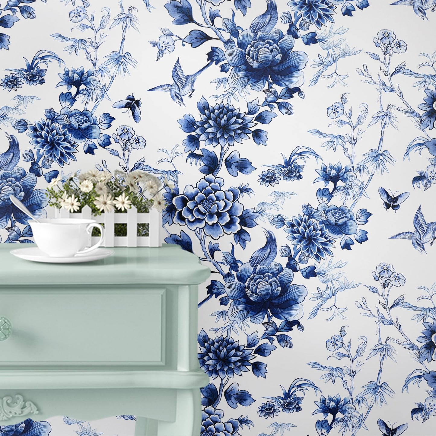 RUSPEPA Peel and Stick Wallpaper - Blue Flower White Design Self Adhesive Removable Wallpaper Decorative Waterproof Contact Paper for Cabinets, Walls - 17.3 Inch x 6.5 Feet