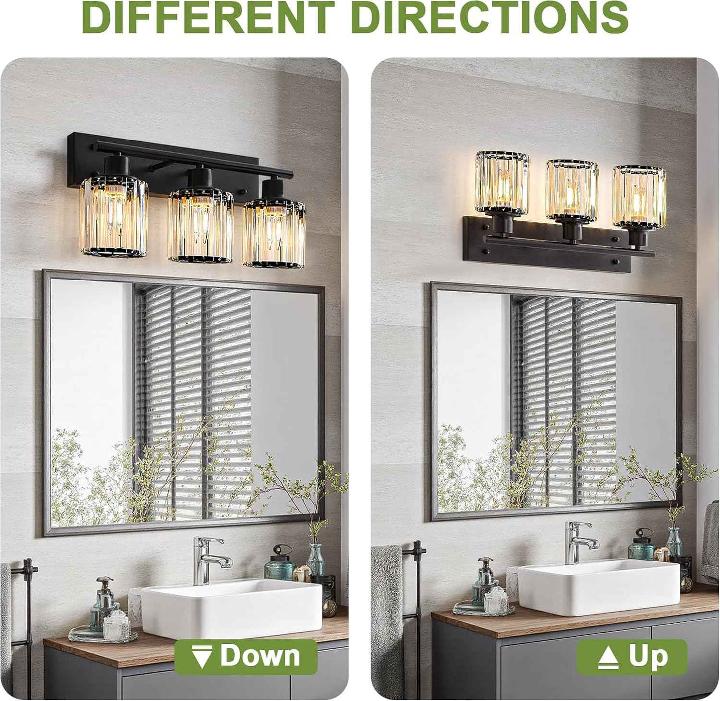 Modern 3-Light Crystal Vanity Light Fixture for Bathroom & Bedroom - Black Finish