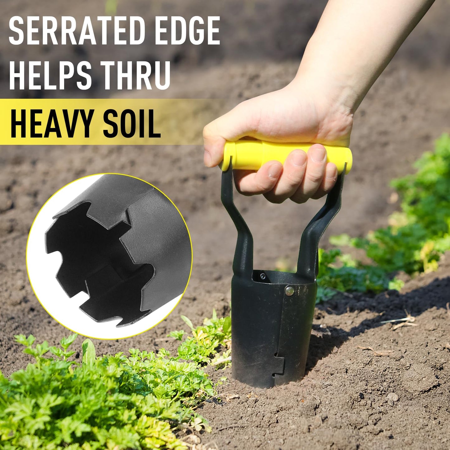 Jardineer Small Bulb Planter Tool– Compact Stainless Steel Transplanter for Bulbs, Seedlings & Flowers – Ergonomic Handle with Depth Markings – Silver & Black– Durable Garden Planting Tool