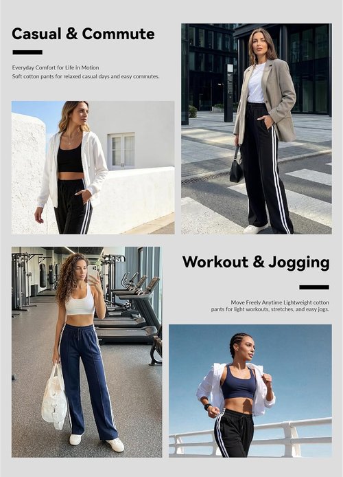 Houmous Women's Wide Leg Cotton Sweatpants - Stretchy Lounge Jogging Pants with Zip Pockets