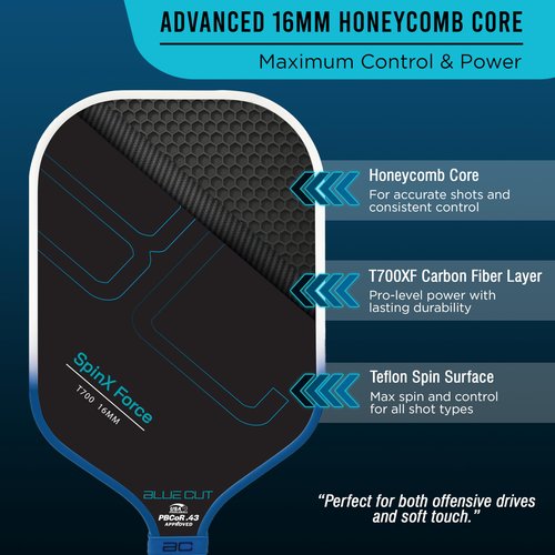 Blue Cut Pickleball Paddle – USAPA Approved Pickleball Paddles Racket with T700 Carbon Fiber, 16mm Honeycomb Core, Spin Surface, Pro Power Speed & Control – Includes Carry Bag