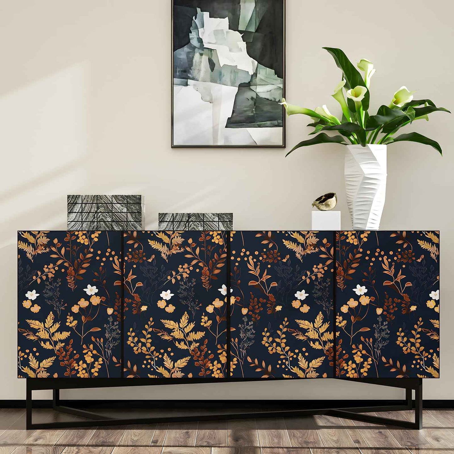 XRUIBZI Dark Blue Floral Wallpaper Peel and Stick Wallpaper Leaf Wallpapers Gold Leaf Contact Paper for Cabinets Waterproof Self Adhesive Wall Paper for Kitchen Countertop Wall 17.5" x 118"
