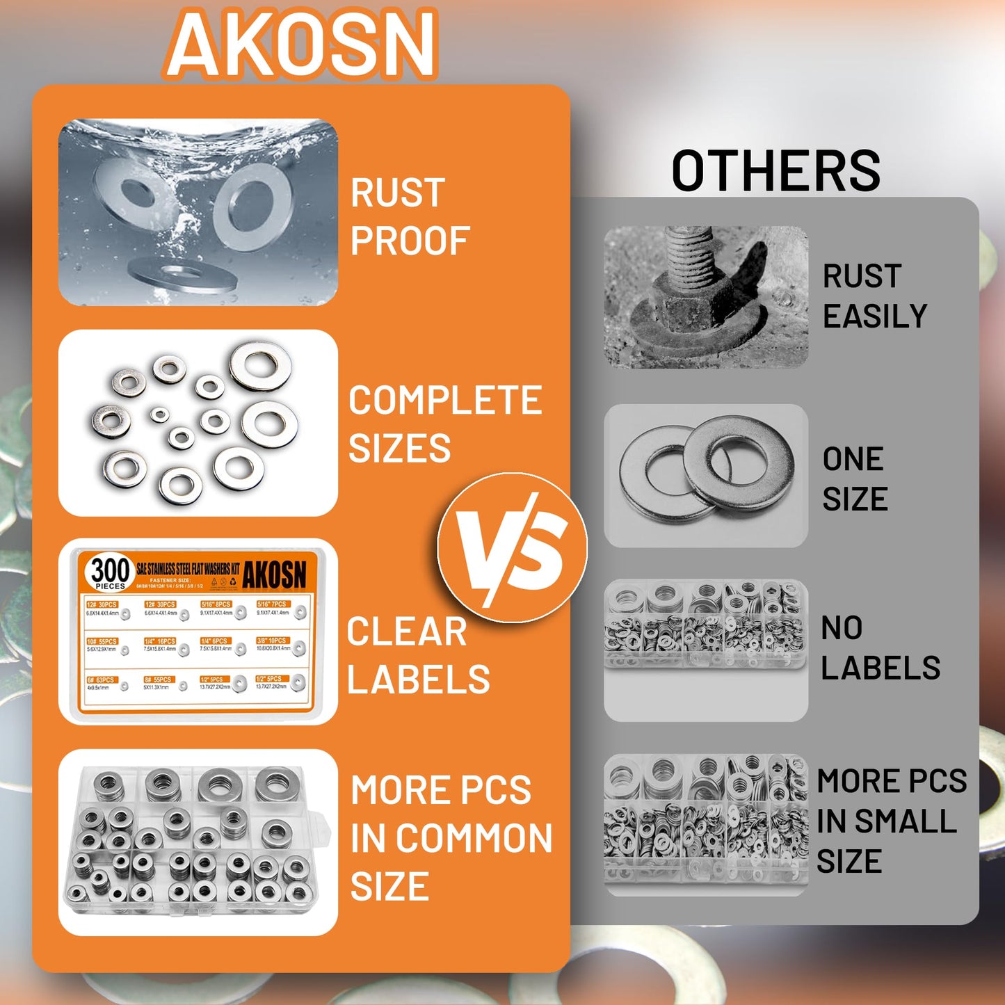 Stainless Steel Flat Washers Assortment Kit, SAE 304, 300-Piece Metal Screw Washers Set for Bolts, 8 Sizes #6; #10; #12; 1/4"; 5/16"; 3/8"; 1/2"