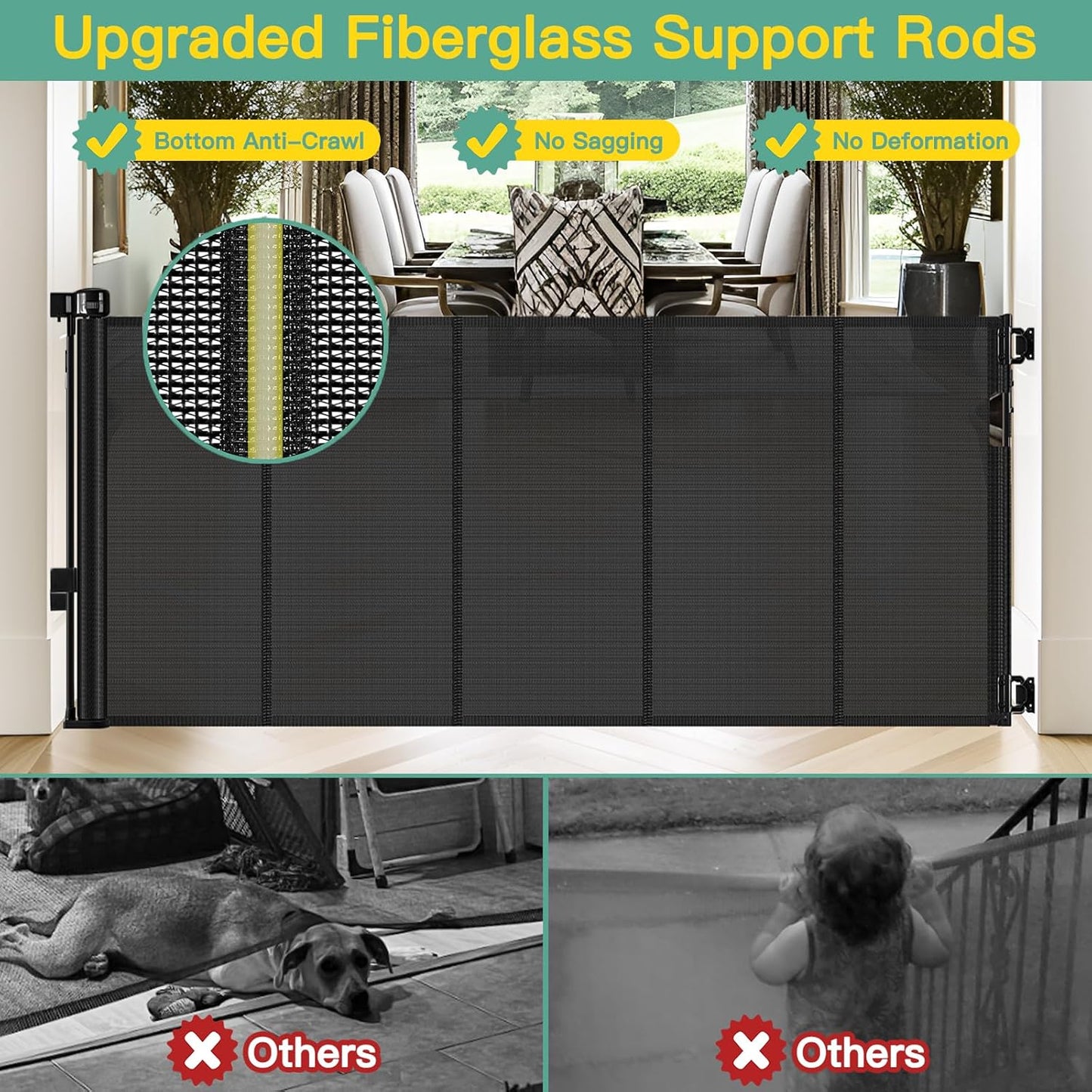 Retractable Baby Gate 60" Wide - Reinforced Mesh Pet Barrier with Anti-Escape Design, Black