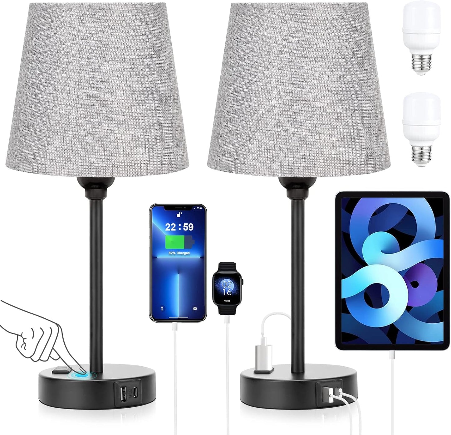 Set of 2 Mini Bedside Lamps with USB-C & AC Outlet - Dimmable Touch Nightstand Lights for Bedrooms
