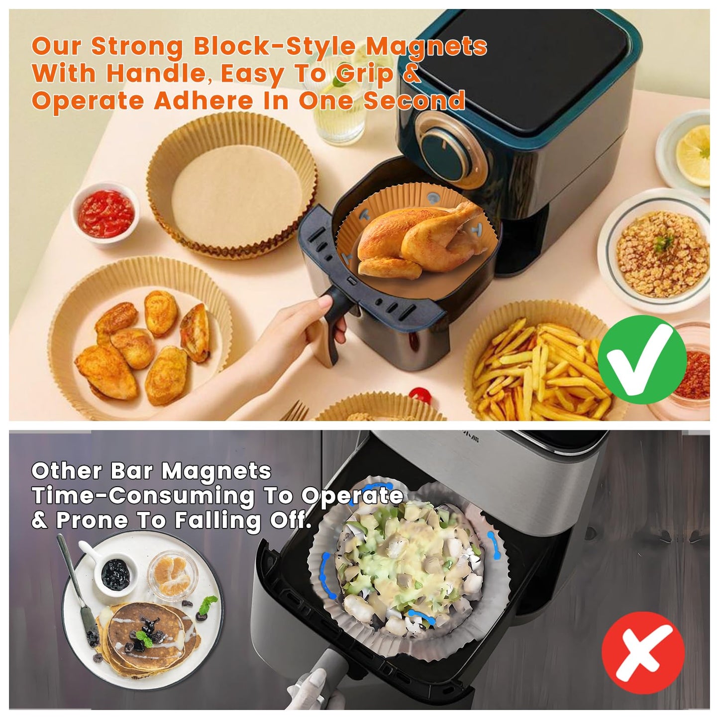 Air Fryer Liners Silicone Magnets,Holds Parchment Paper Safely PREVENTS BURNING & FOOD COVERING,Heat-Resistant & Rust-Proof Air Fryer Accessories,Easy Install with Handles - 8pcs