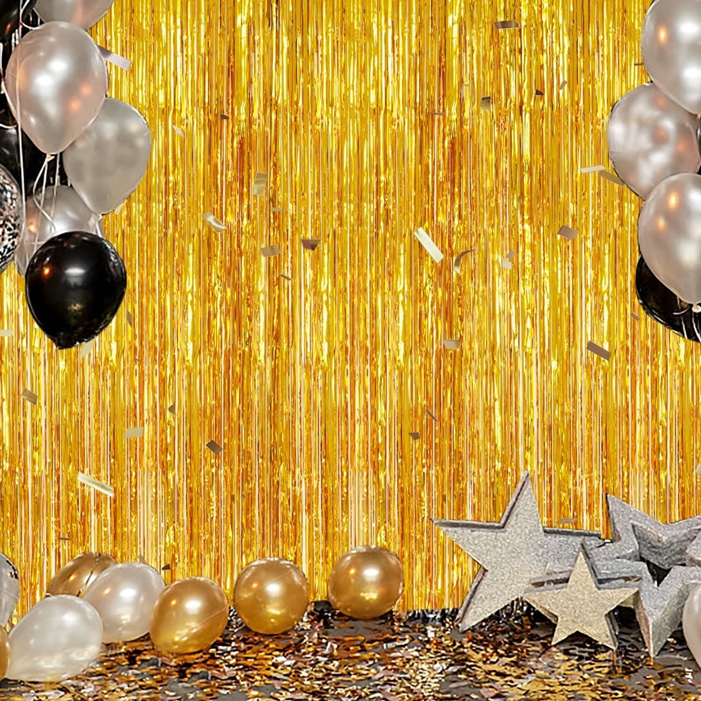 DECOCKRAT 3 Pack Foil Fringe Backdrop - Gold Shiny Tinsel Curtains for Party Decoration/Photo Booth Props - 3.3x8.2 FT Metallic Foil Backdrop for Birthday, Wedding, Graduation, Christmas.