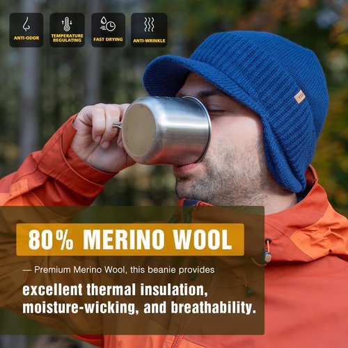 TOP-EX Waterproof Merino Wool Visor Brimed Beanie with Ear Warmers Mens Large Winter Hat Warm Fleece Lined for Cold Weather Ski Black M/L