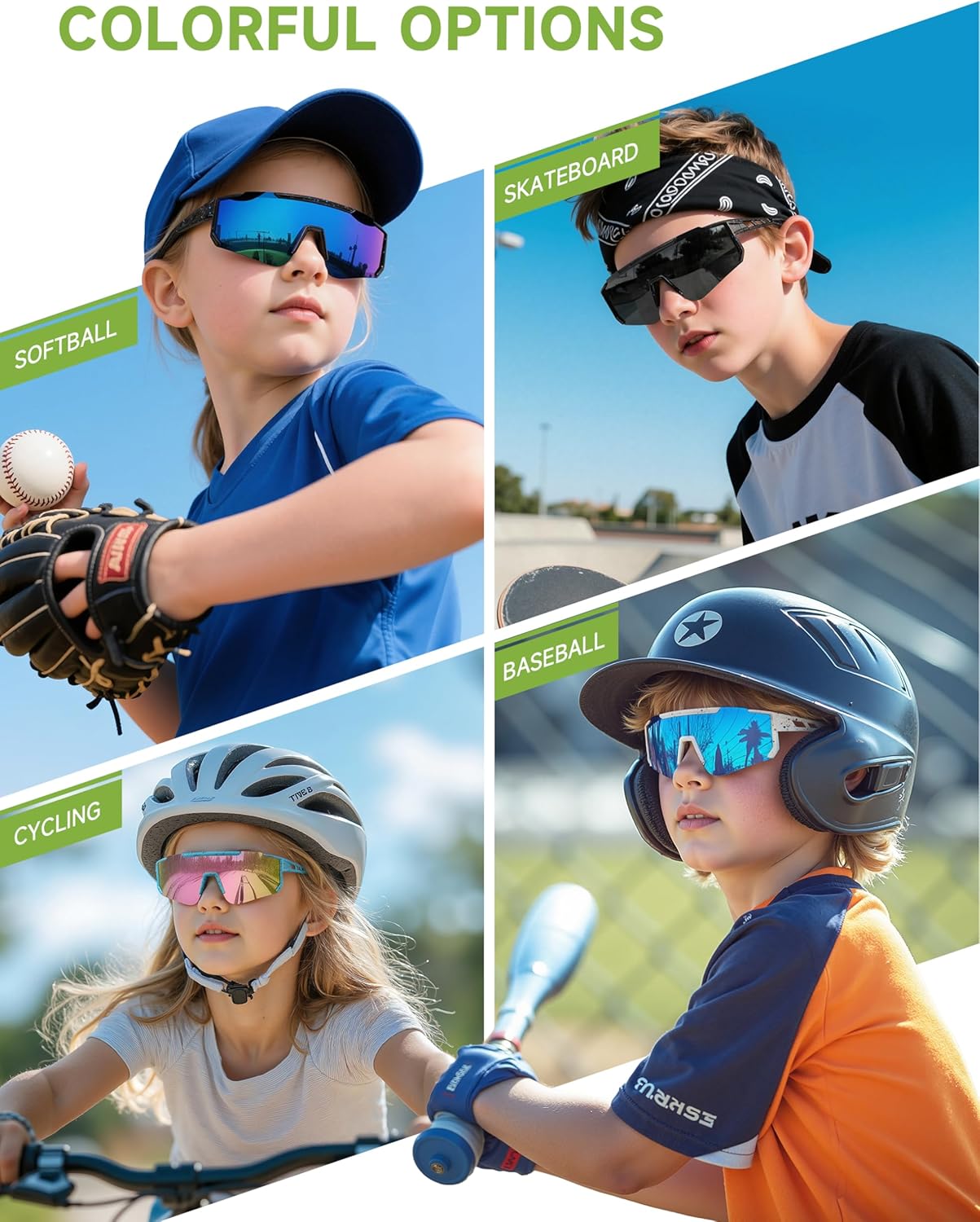 Skiennix Kids Polarized Baseball Sunglasses - UV Protection Sports Eyewear for Ages 3-12 | Softball & Cycling