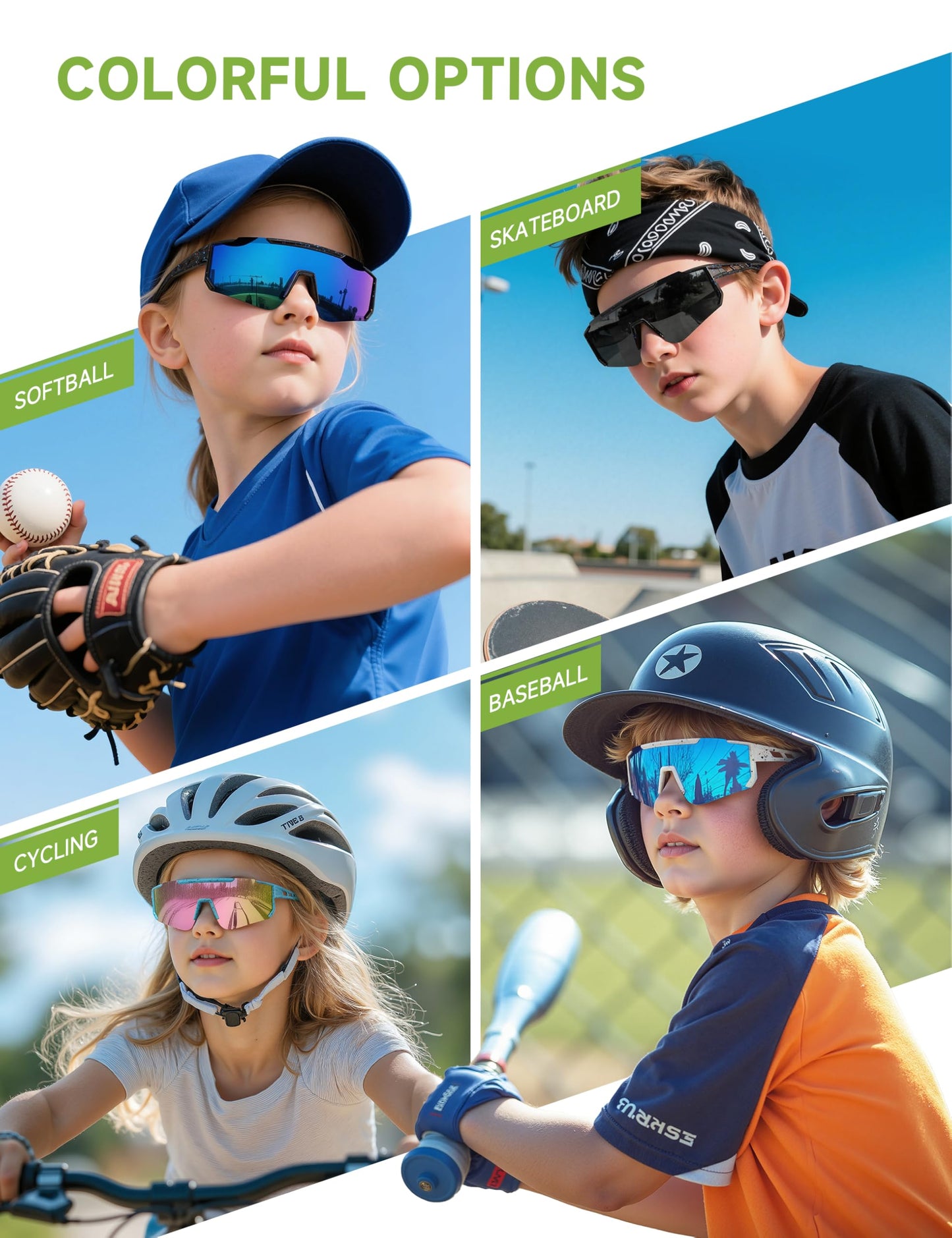 Foliful Kids Polarized Baseball Sunglasses for Boys Girls - Youth Softball Cycling Sports Sunglasses UV Protection Lightweight Goggles, Dark Blue/Red/Ice Blue