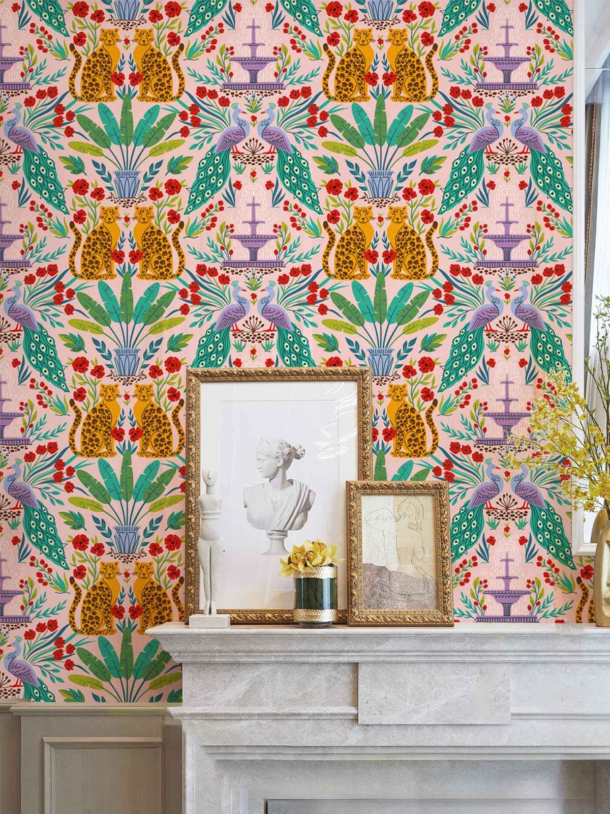Luvdecor Wallpaper Peel and Stick Leopard Jungle Animal Wallpaper for Renter Removable Boho Leaf Wallpapers for Bathroom Self Adhesive Contact Paper for Cabinets 17.5 x 118 in