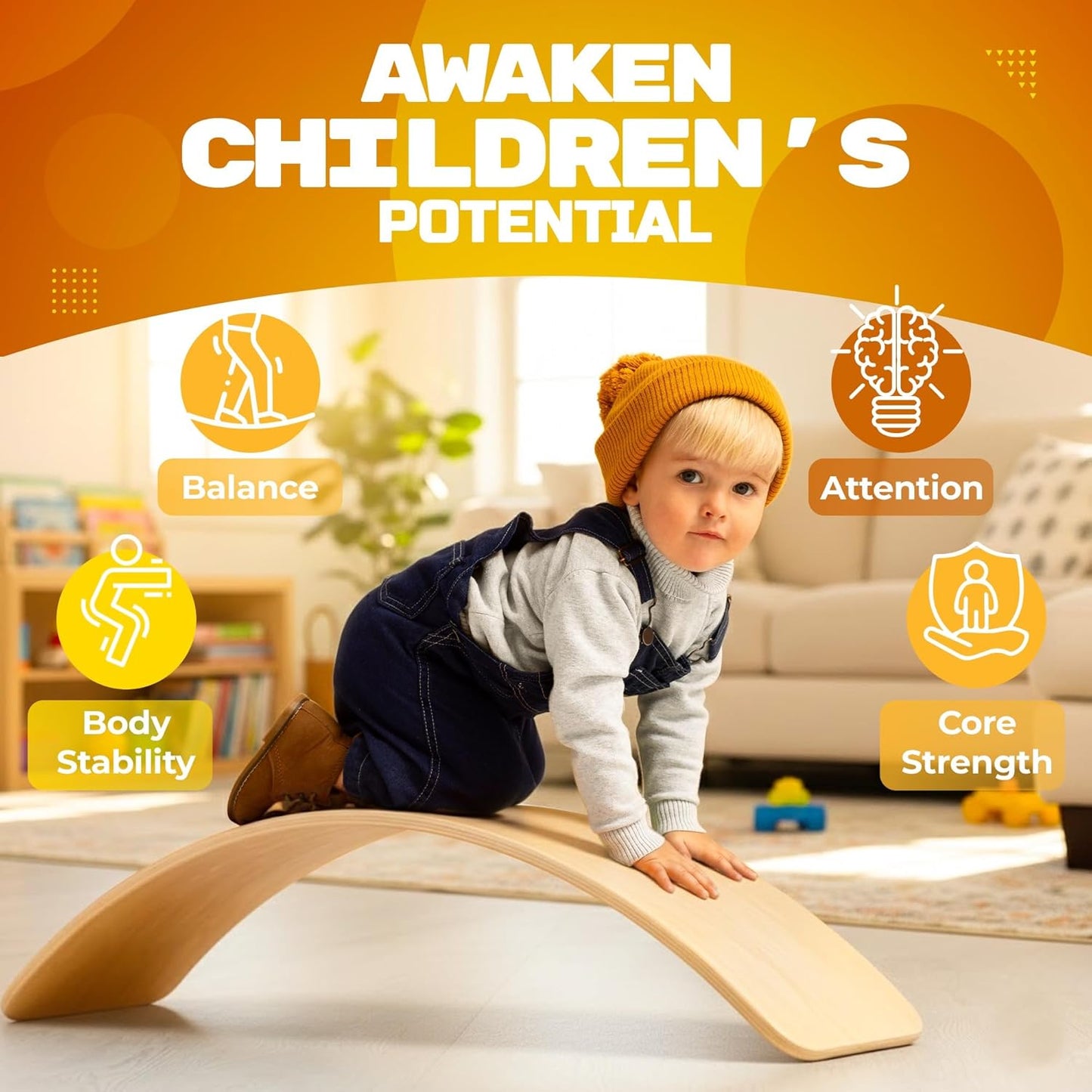Skiennix Wooden Wobble Board - Kids Slack Board for Indoor Play & Balance Training | Curvy Rocker for Yoga & Exercise