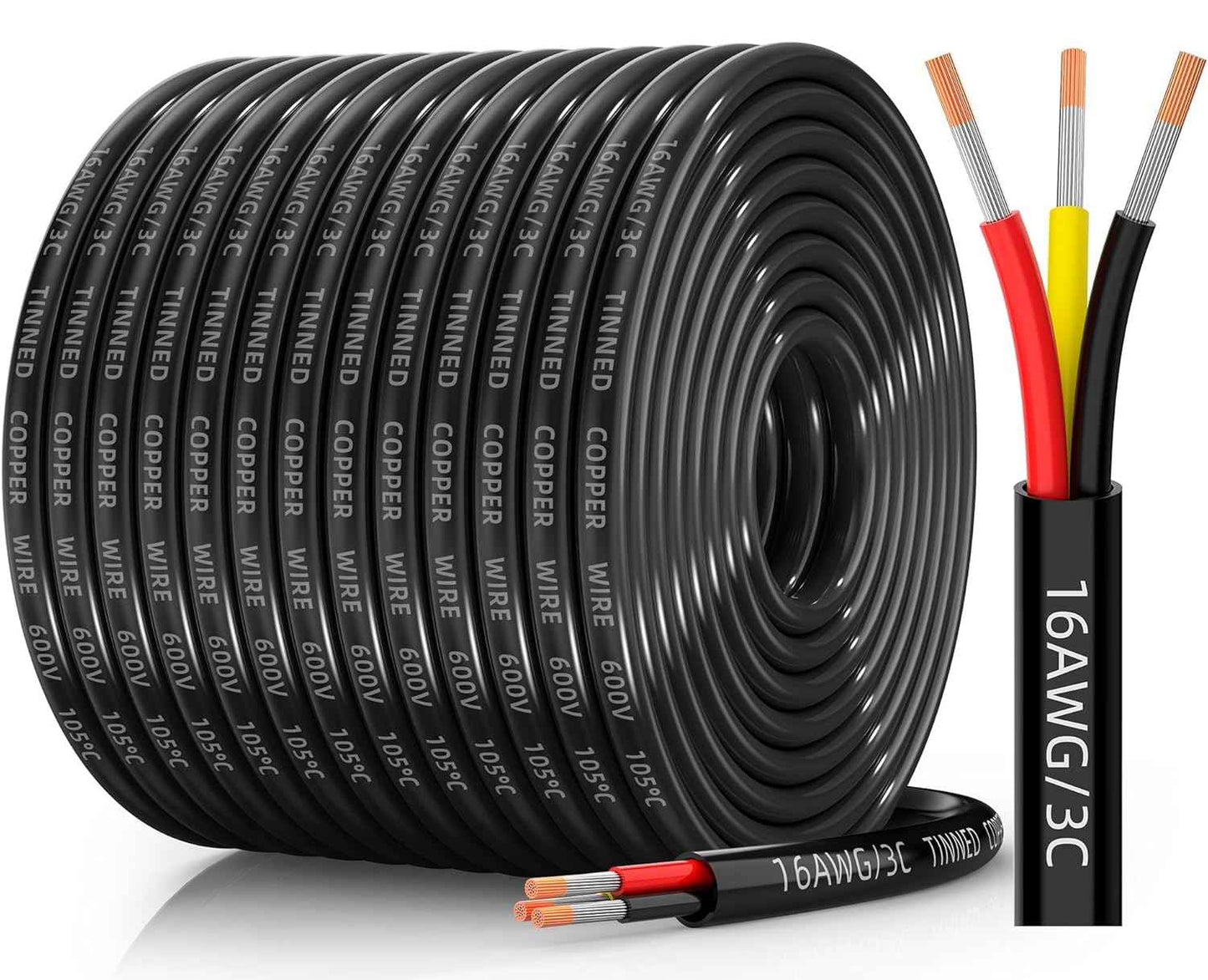 16 AWG Tinned Copper 3-Conductor Electrical Wire - Waterproof PVC Cable for Automotive, Marine & Solar (100FT)