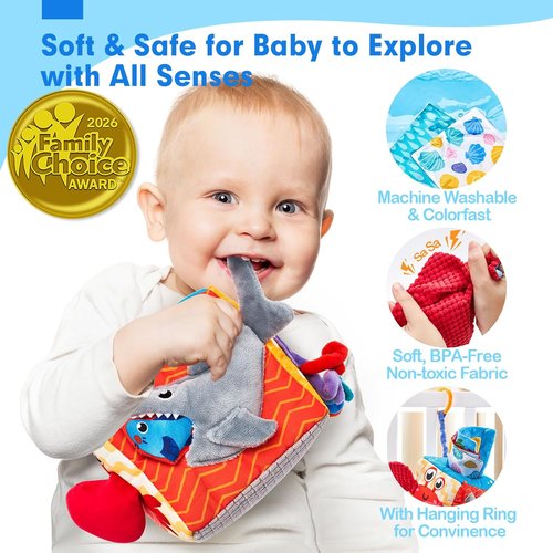 Hahaland Baby Tissue Box Toy - Montessori Sensory Toy for 6-12 Months | Textured Tails, Crinkle, Squeaky, Mirror