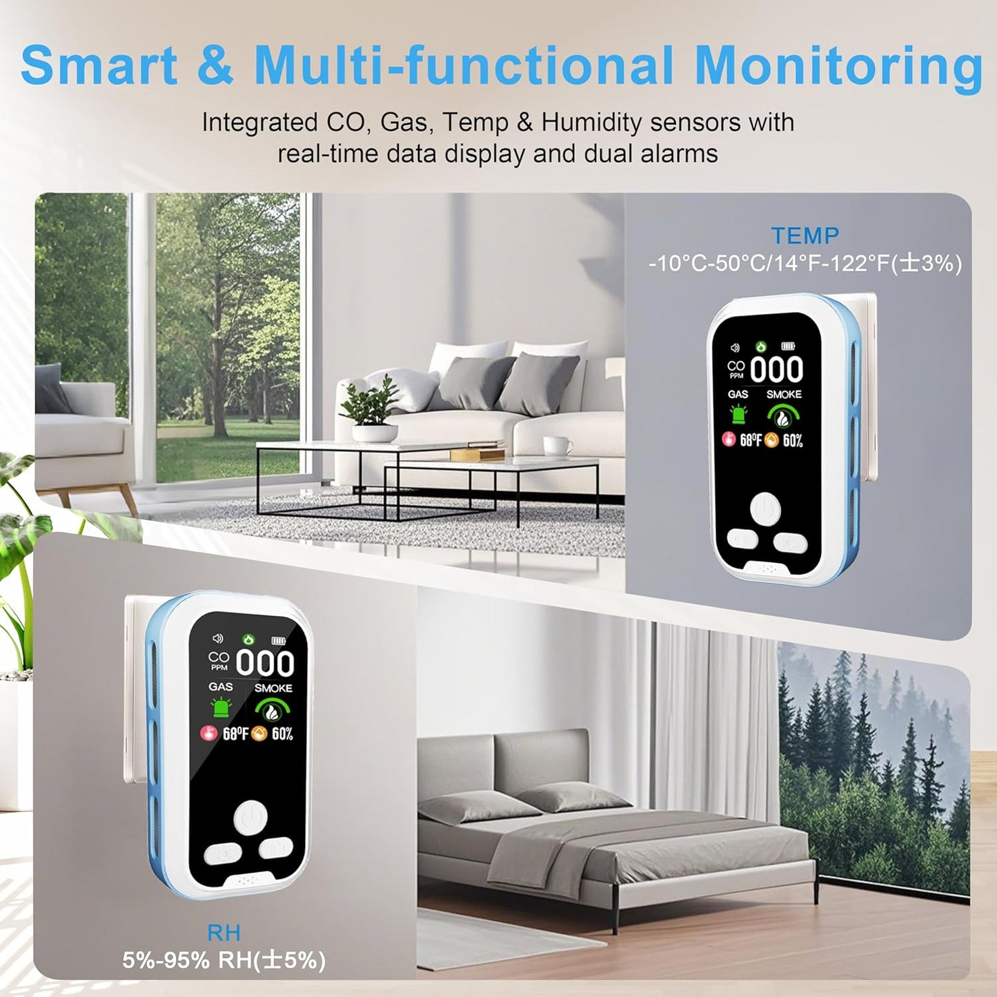 5-in-1 Carbon Monoxide Detector with LCD Display - CO, Gas, Smoke, Temp & Humidity Alarm for Home, RV & Camping Safety
