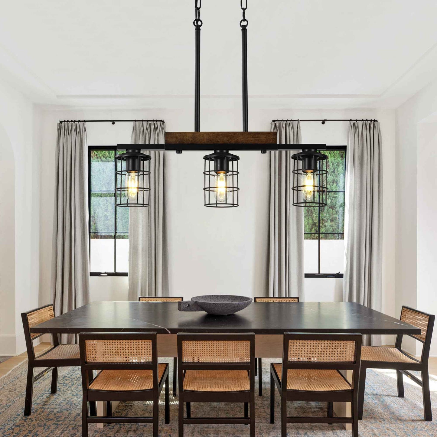 Dining Room Light Fixture/Chandelier Over Table, 23.3-Inch Hanging for Farmhouse Linear Chandeliers,3-Light Kitchen Island Lighting, Black Rustic Wooden Ceiling Chandelier,with Metal lampshade