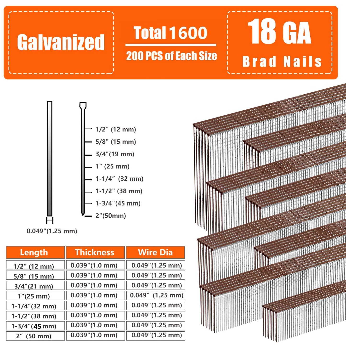SITLDY 18 Gauge Galvanized Brad Nails Brown T-head 8 Sizes 1600-Pack (1/2"+5/8"+3/4"+1"+1-1/4"+1-1/2"+1-3/4"+2"), 200 per size Assorted Size Project Pack, for Pneumatic, Electric 18GA Brad Nailer Gun