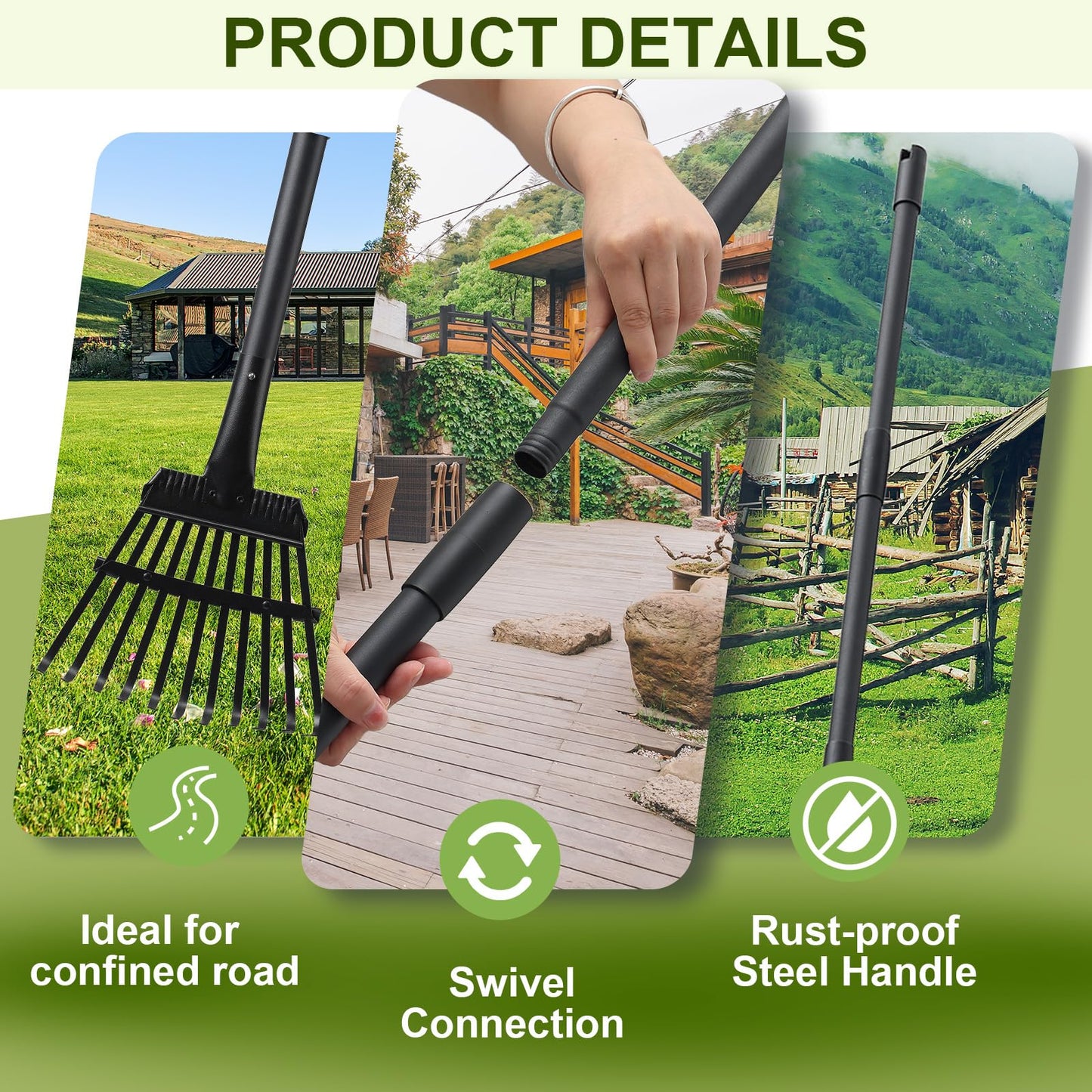 Small Rake for Leaves, 11 Metal Tines Narrow Leaf Rake, 60'' Leaf Rakes for Lawns with Adjustable Steel Handle for Camping Flower Beds Mulch Shrub, Black