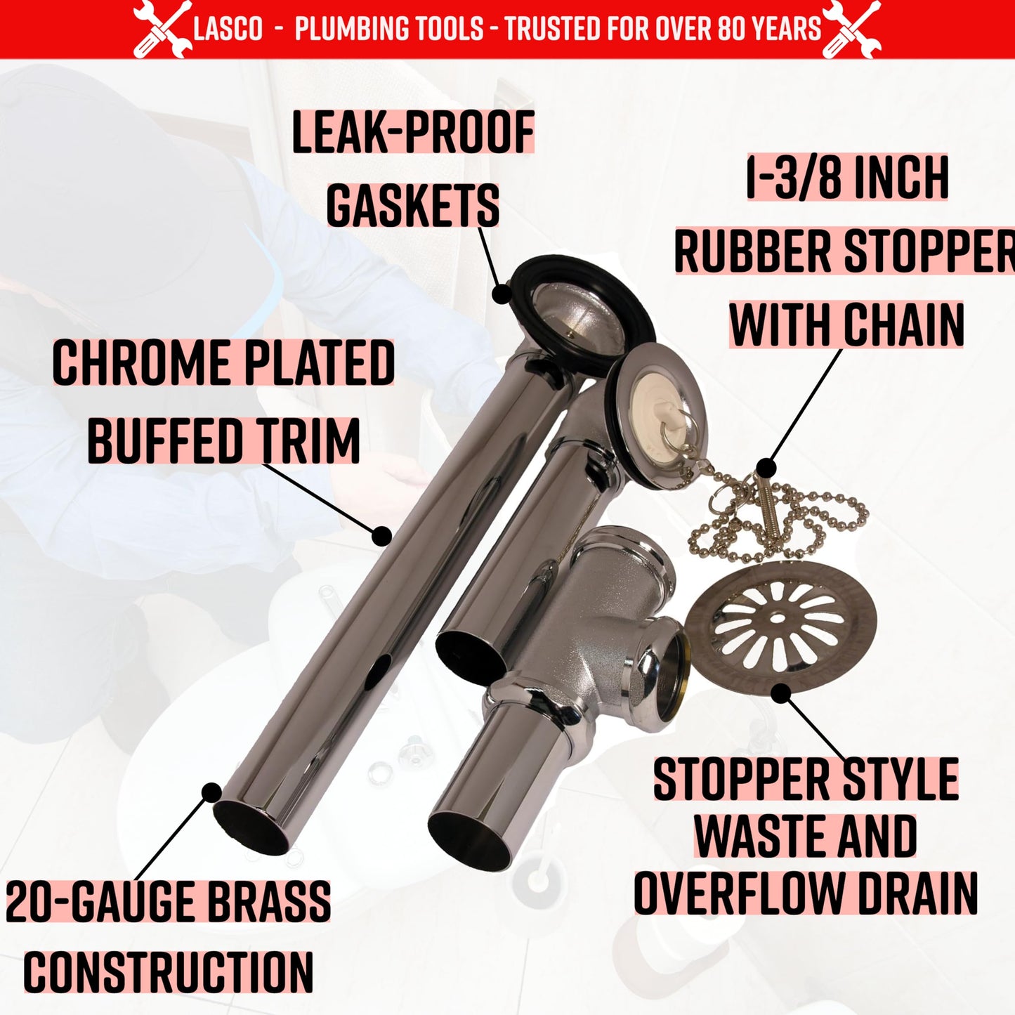 LASCO 03-4924 20-Gauge Brass Tubular Old Style Leg Tub Waste and Overflow Drain with Chain and Rubber Stopper, 1 3/8-Inch, Chrome Plated