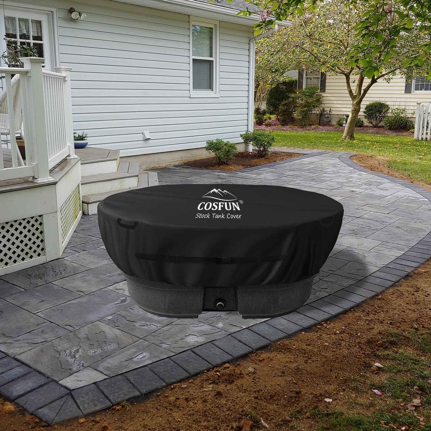COSFUN 100 Gallon Oval Stock Tank Cover,Waterproof Dust Proof Anti-UV Ice Bath Cover,Keep Water Trough Clean,Black