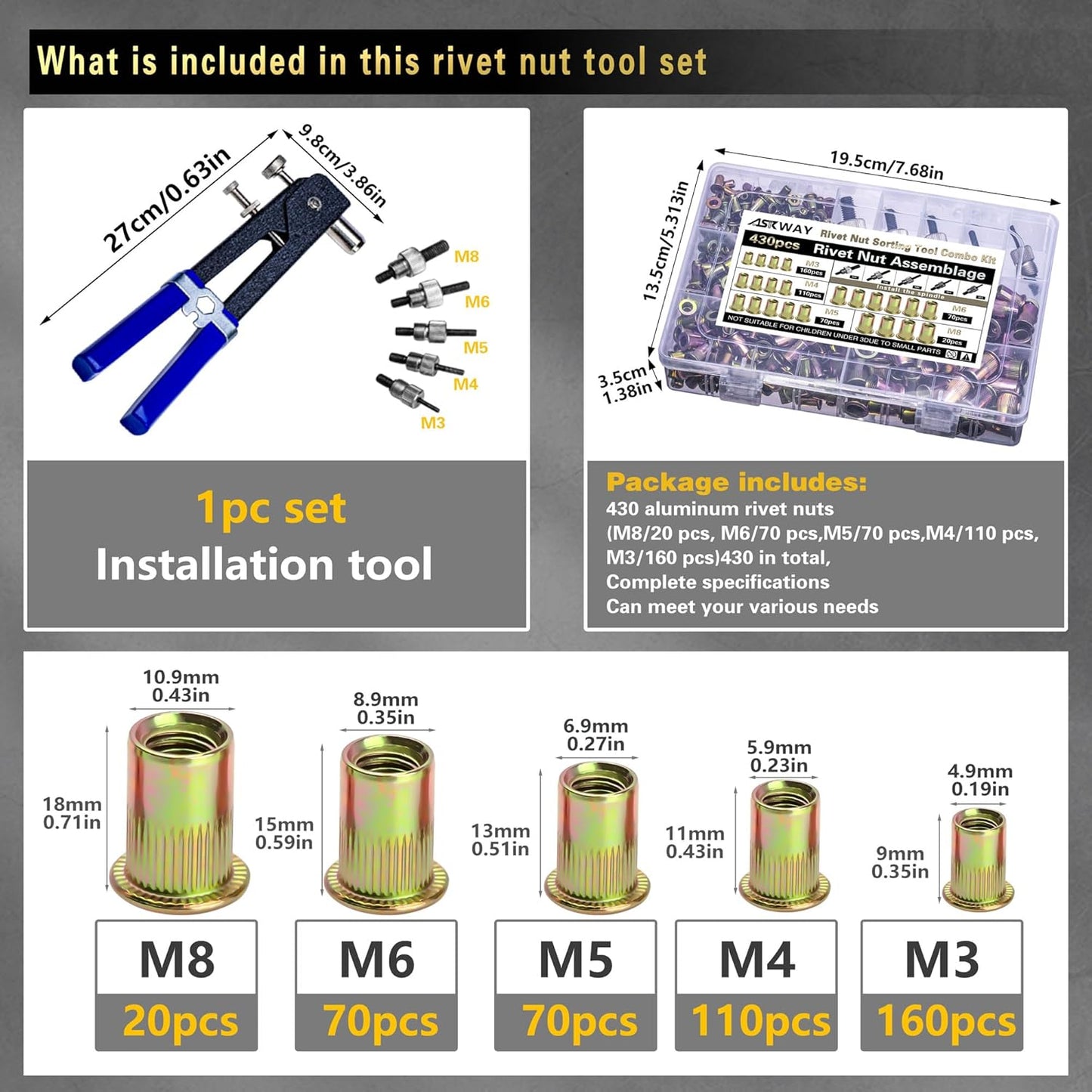430-Piece Metric Rivet Nut Tool Kit - M8/M6/M5/M4/M3 for Automotive, Furniture & Industrial Use