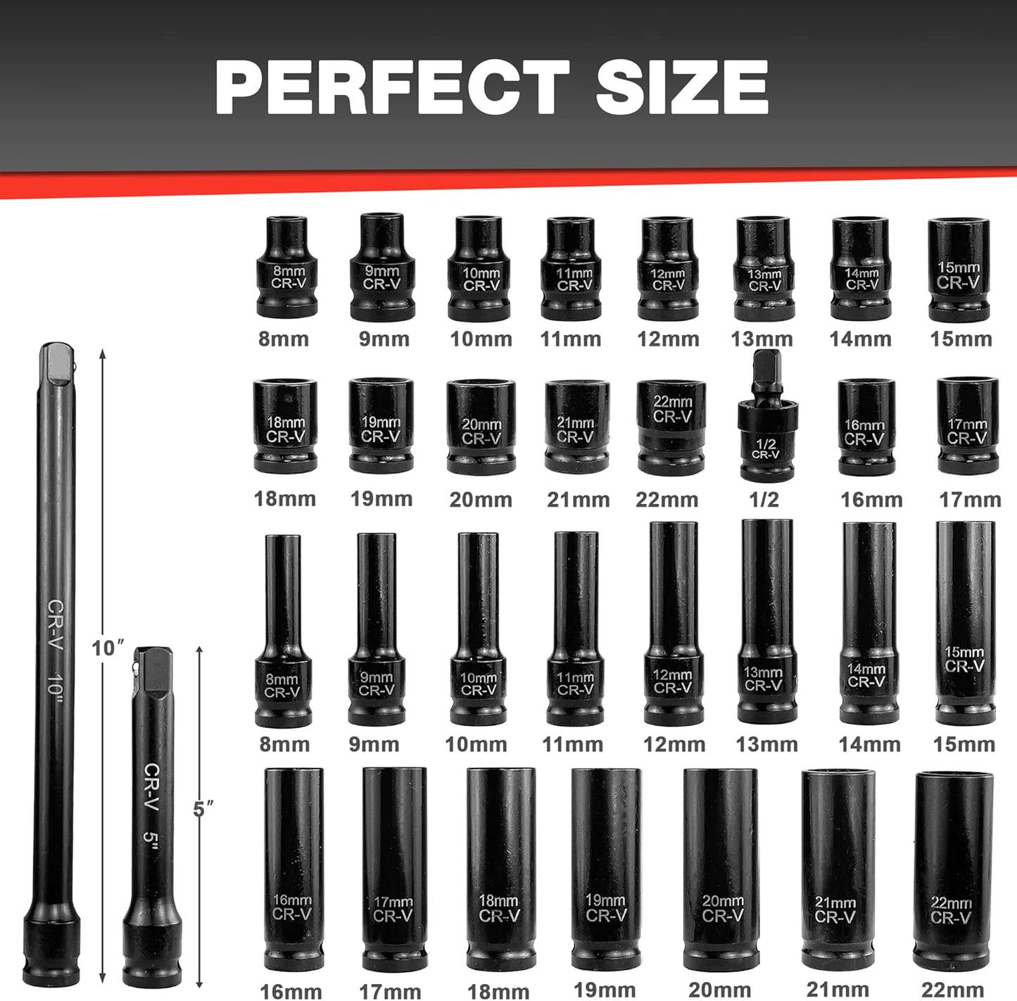 29-Piece Deep Impact Socket Set with Extensions | SAE & Metric Cr-V Steel