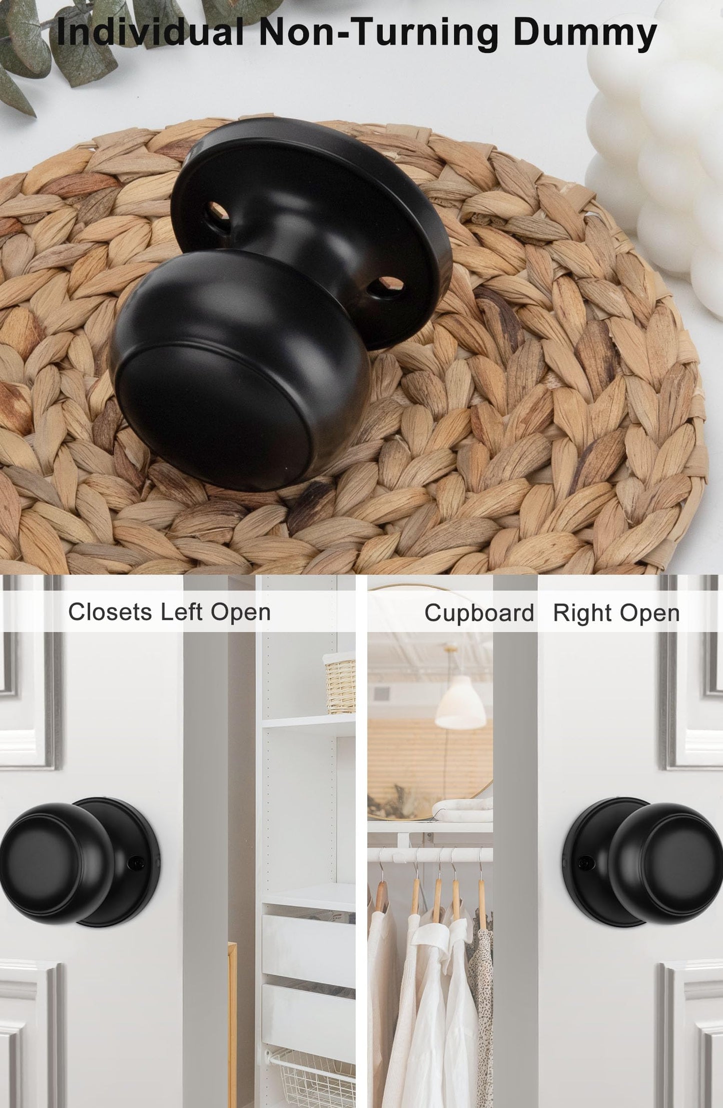 Haidms 1 Pack Black Dummy Door Knob, Half Matte Black No-Turning Dummy Closet Doors Single-Sided Door Locks (2 Pieces/1 Pair)