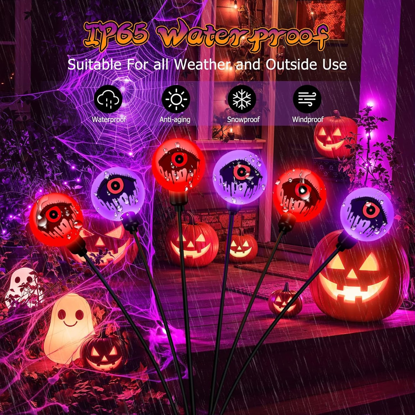 Solar Halloween Lights - 6 Pack 36 LEDs Purple & Orange Waterproof Eyeballs for Outdoor Yard Decor