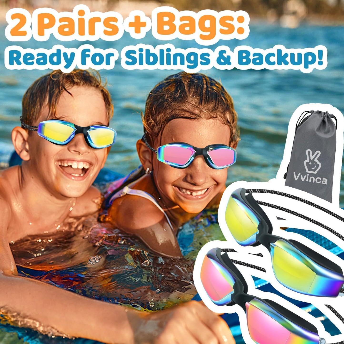 Vvinca Kids Swim Goggles - No Hair Pulling Design with Bungee Strap | 2-Pack for Ages 6-14