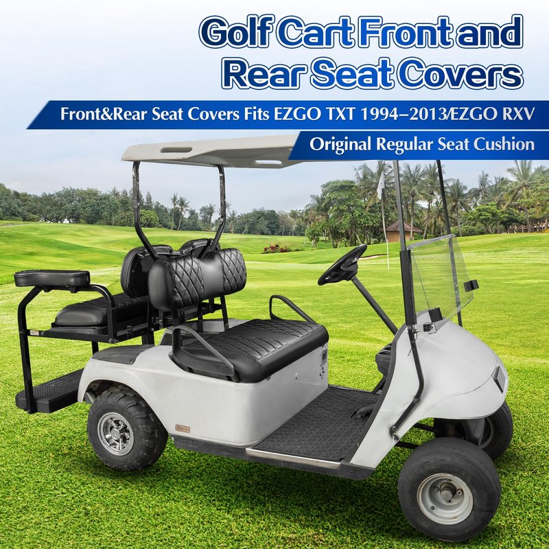 NOKINS 4PCS Golf Cart Diamond Seat Covers Kit,Front and Rear Seat Covers for Club Car Precedent/EZGO TXT/Yamaha Original Regular Seat Cushion (Black&Black Stitching, Fit EZGO TXT 1994-2013)