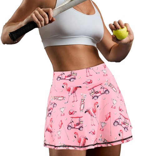 Flamingo Tennis Golf Skirts High Waisted with Pockets Inner Shorts for Athletic Skorts Workout Running Pickleball M