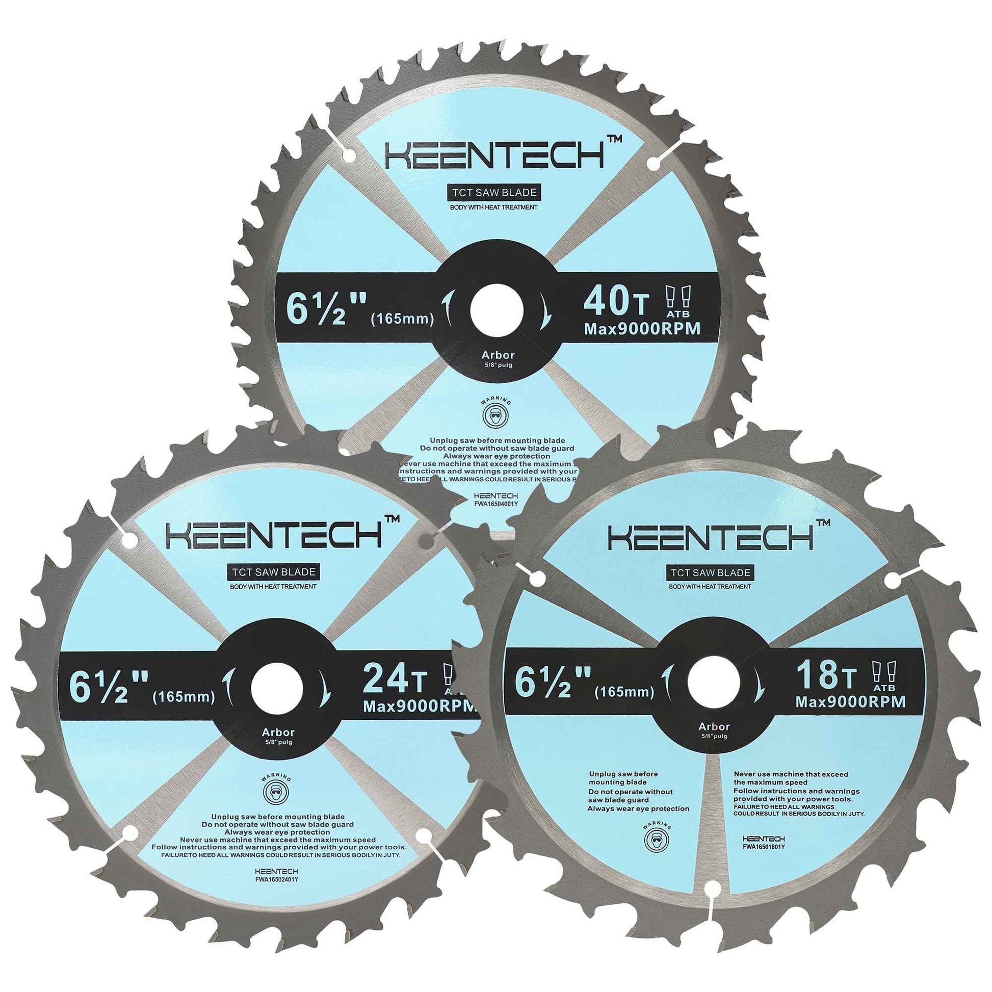KEENTECH 6-1/2 Inch Woodworking Circular Saw Blade 18T / 24T / 40T 3-Pack, Tungsten Carbide Tipped, ATAF Grind, 5/8 Inch Bore