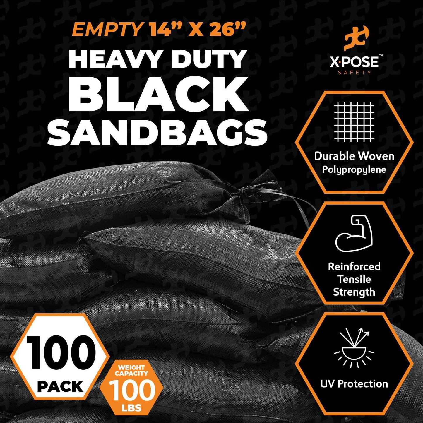 Xpose Safety Heavy Duty Sand Bags with Tie Strings – Empty Woven Polypropylene Sandbags for Hurricane Flood Protection, 100 lb Capacity, 14" x 26", Black, Pack of 100