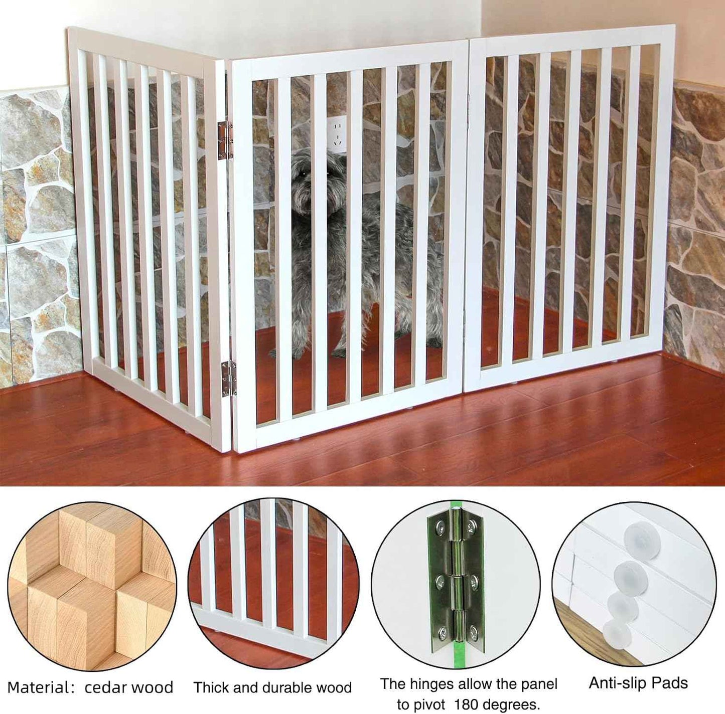 Extra Wide Freestanding Indoor Dog Gate - Foldable 3-Panel Wood Pet Barrier for Doorways & Stairs - 24” Height, White