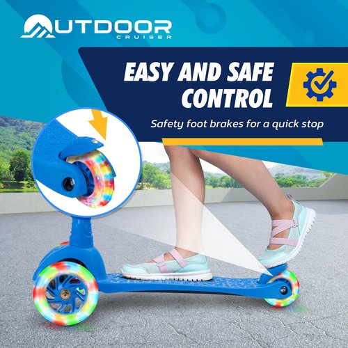 Outdoor Cruiser 3-Wheel Kids Scooter – with Lean-to-Steer Technology, Wide Deck, Led Lighted Wheel, 4-Level Adjustable Height T-bar Handle, Support Kids Up to 150 Lbs, for Boys & Girls Ages 3-8, Blue